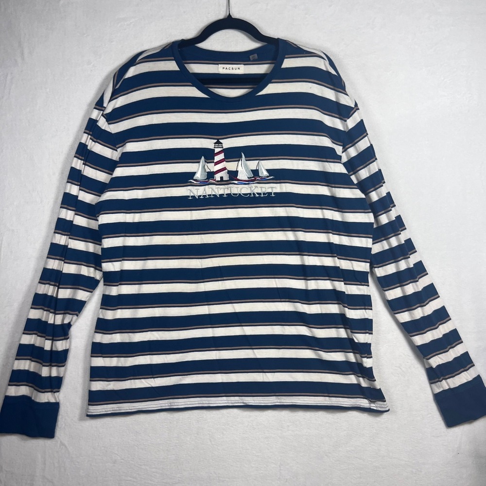 PacSun‎ Nantucket Lighthouse Striped Long Sleeve T-Shirt Mens XL Embroidered